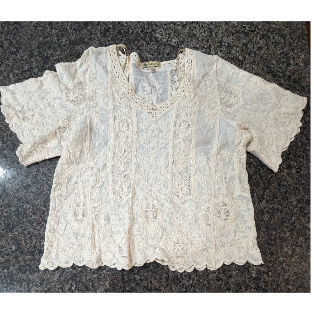 Democracy Ivory Cotton Lace Embroidered Boho V-Neck Blouse B7781SMXX Size S
